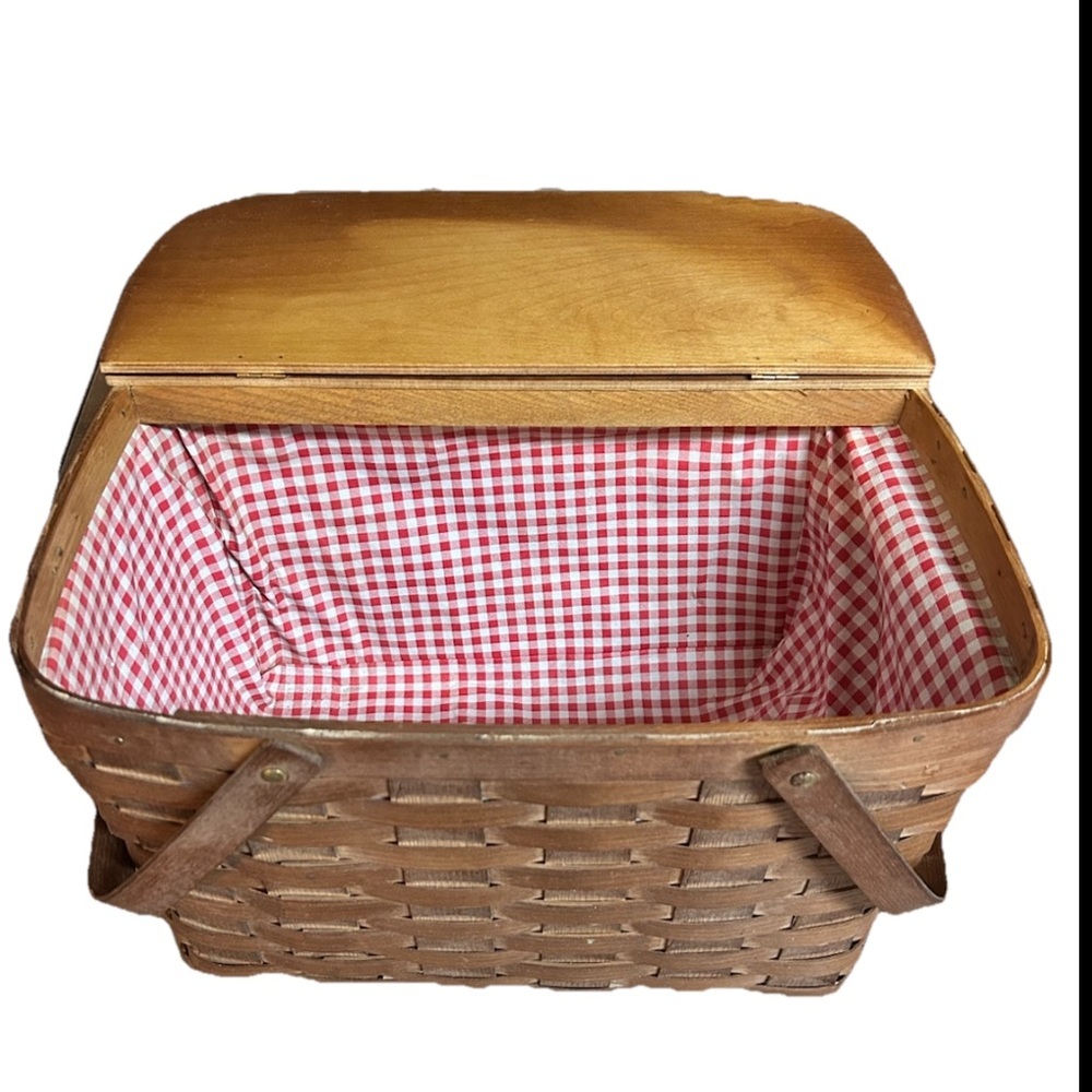 Vintage Picnic Basket Hinged Lid  Red White Gingham Lining Large 10” X 16” - Picture 3 of 9